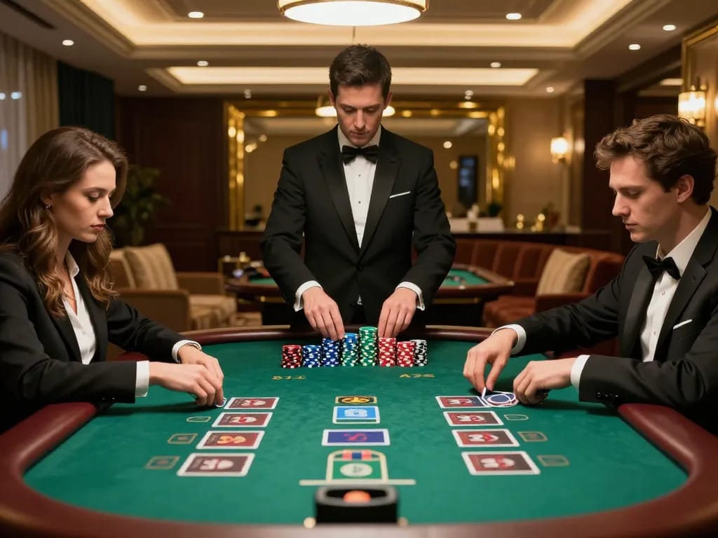 W188 blackjack game in luxurious casino setting with players making strategic bets.