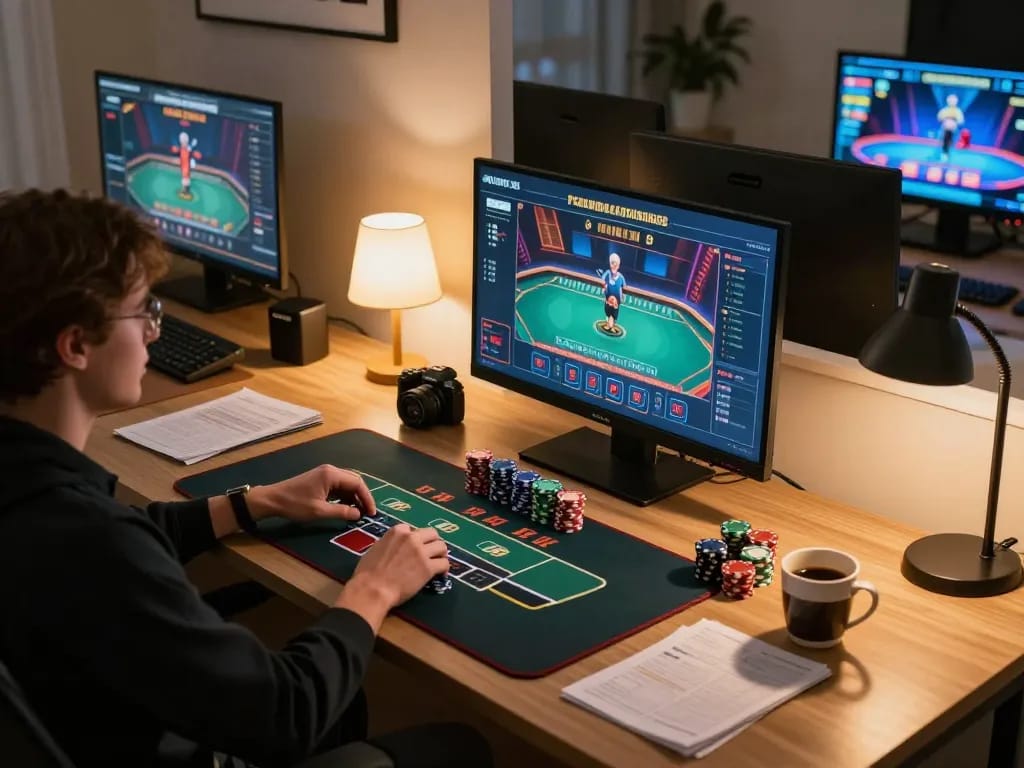 F168 player enjoying live dealer blackjack at home with strategic notes and chips