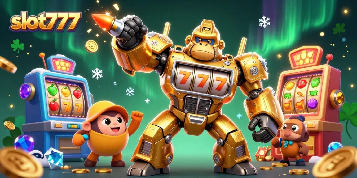 Experience excitement with slot777 illustrated in a dynamic scene featuring a golden mech and a tiny pilot amidst colorful slot game elements.