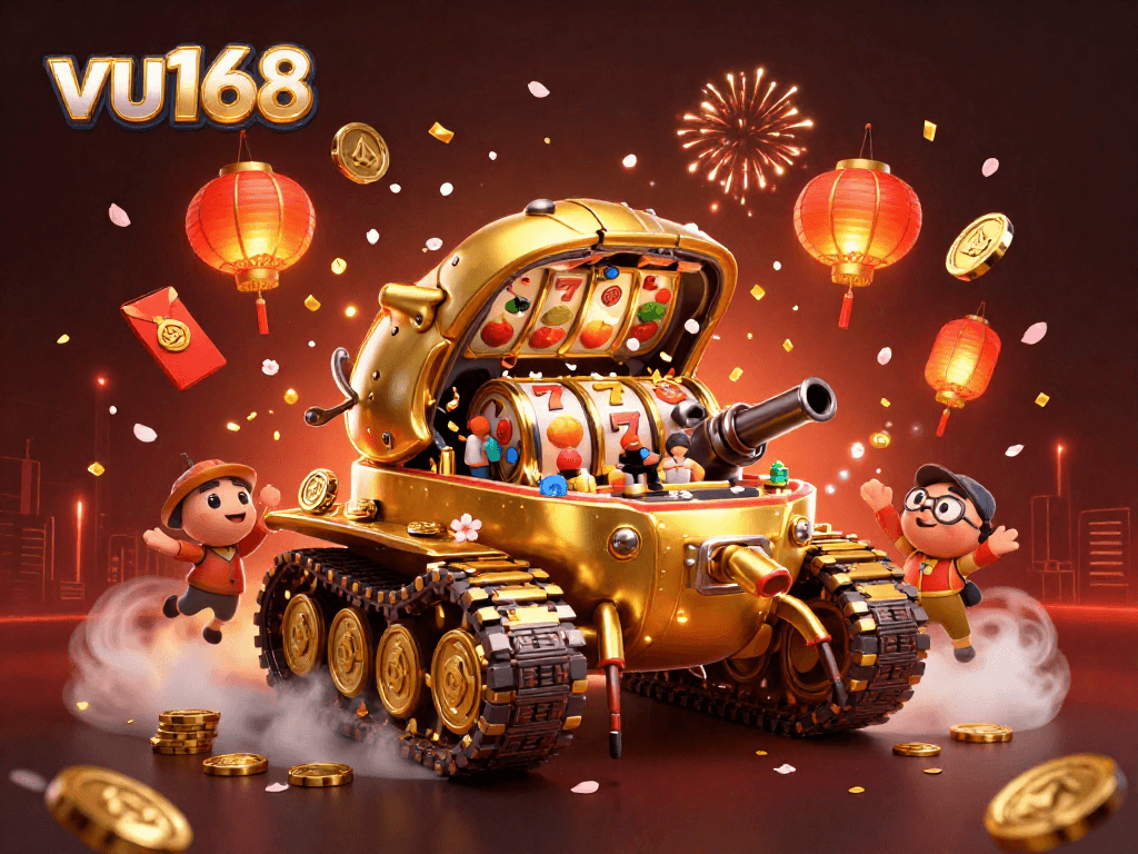Join the thrilling action at vu168 with our 3D casino illustration showcasing a vibrant mini-casino inside a golden beetle tank.
