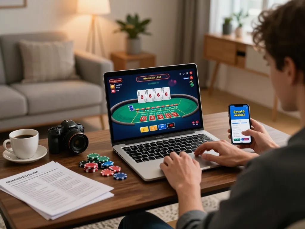 Bong88 live dealer gaming scene featuring a player engaged on a laptop with cards and chips.