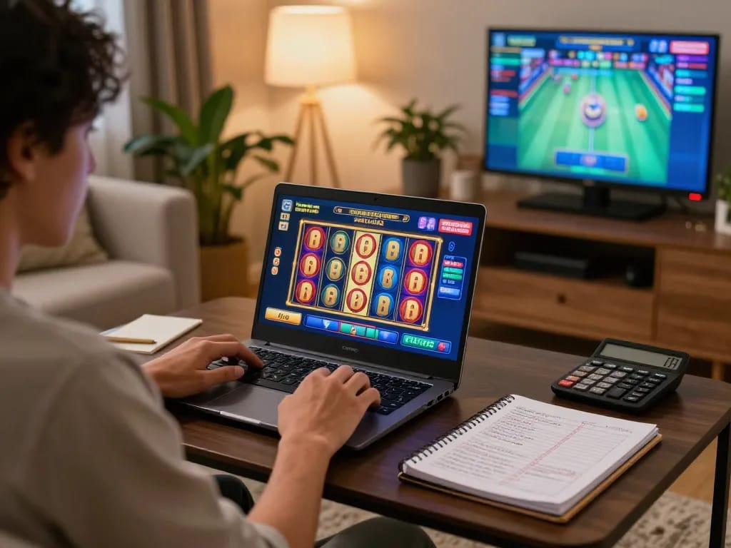 Player strategizing on NK88 com while enjoying a cozy online gaming setup with vibrant slot reels.