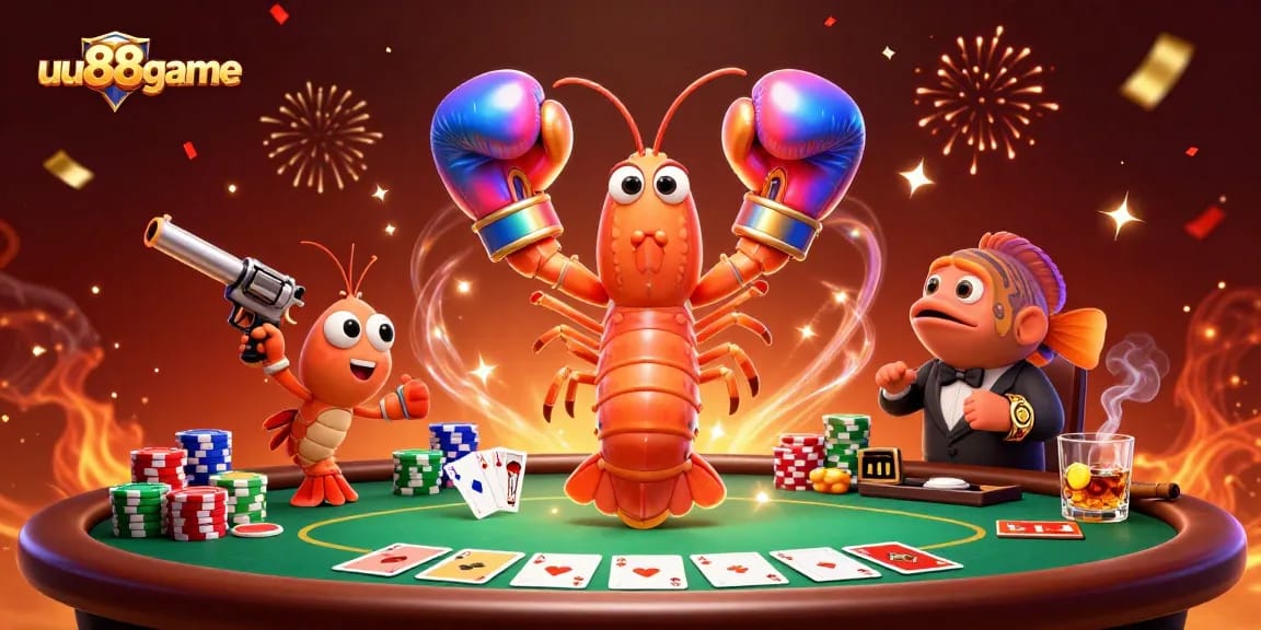 Experience intense poker action with uu88game's vibrant 3D crab characters at a lively table.