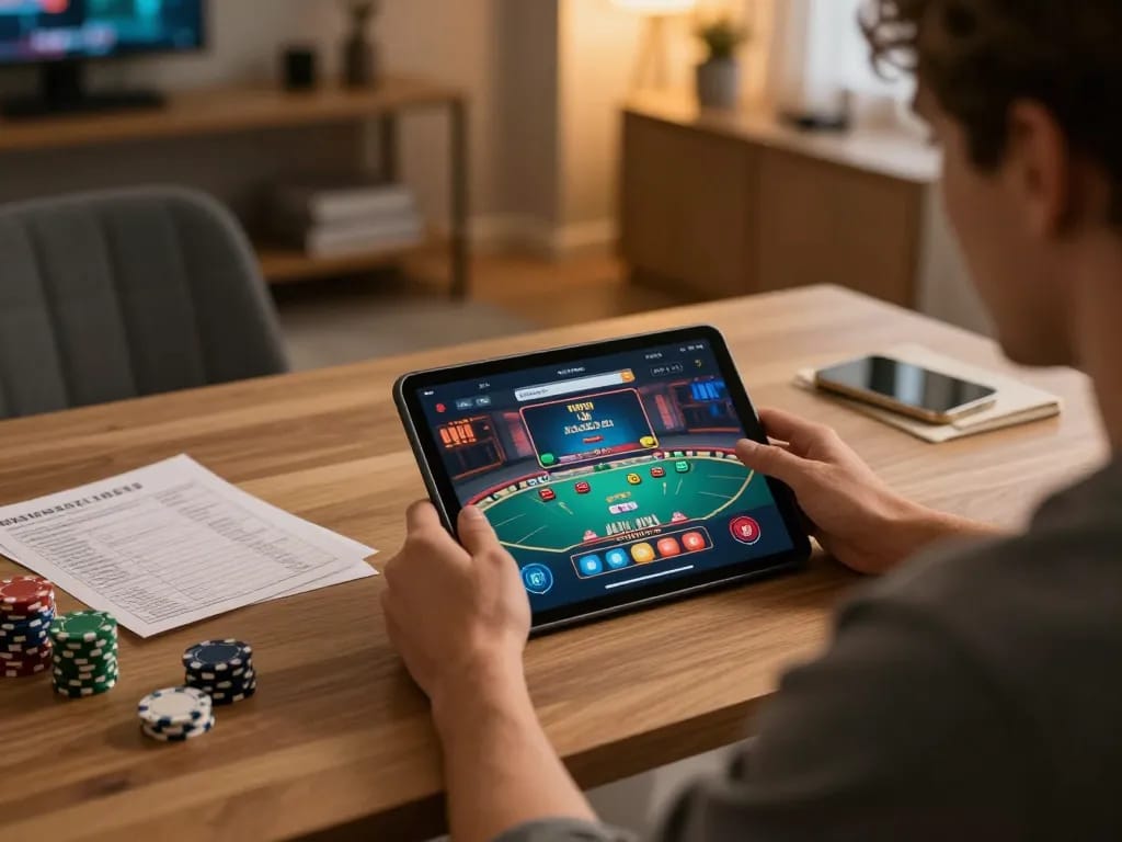 Player enjoys strategic gameplay on designitezy platform, showcasing online casino interface at cozy home setup