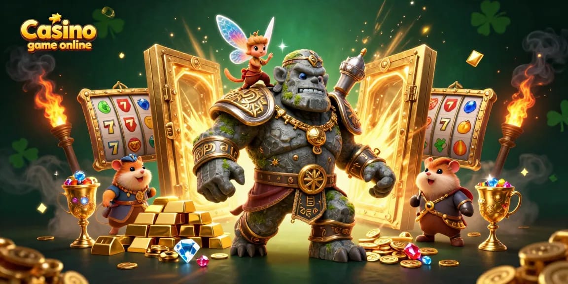 Experience exciting Casino game online with enchanting golem, fairy, and knight amidst treasure and slots.