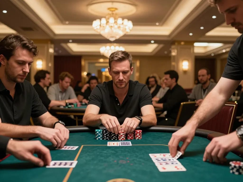 High-stakes poker players strategizing their next moves at RR88 casino table amidst luxurious surroundings.