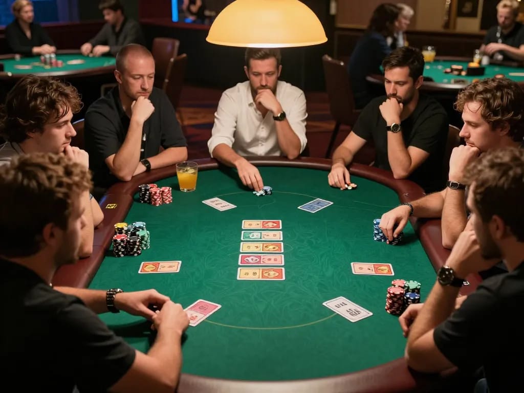Engaged players at okwin poker night showcasing strategy and excitement in a lively casino.