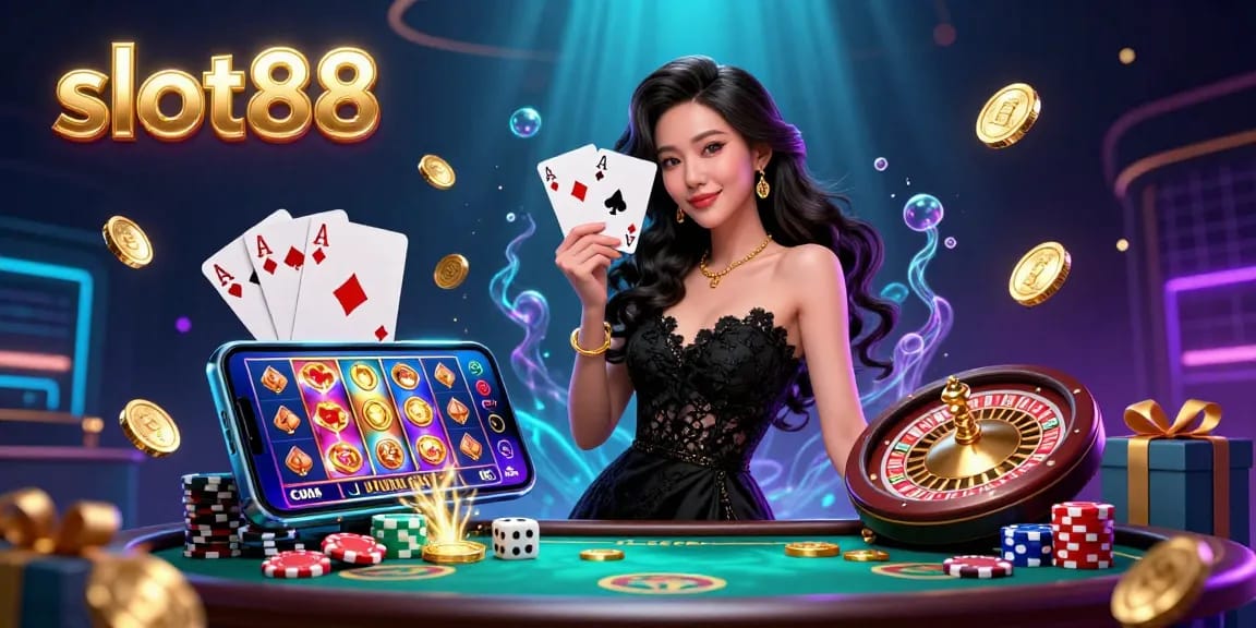 Experience the thrill of slot88 with a stunning illustration of a graceful woman holding playing cards in a vibrant casino setting.