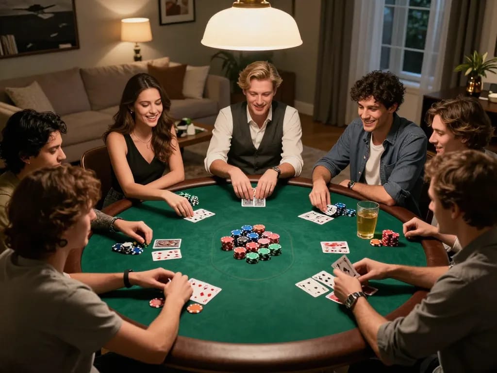 Friends enjoy a lively poker night at home while playing F168, with colorful chips and warm lighting.