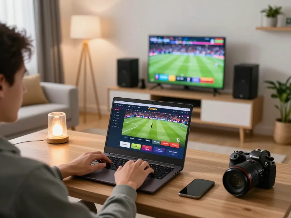 Okwintv user enjoying live football streaming on a laptop at home, showcasing modern gaming setup.