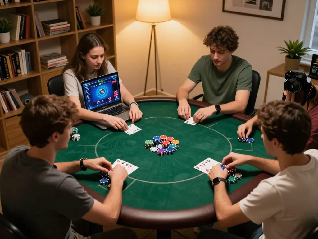 Người chơi B52club tận hưởng trò chơi poker trực tuyến tương tác trong một không gian ấm cúng tại nhà, nhấn mạnh chiến lược và tình bạn.
