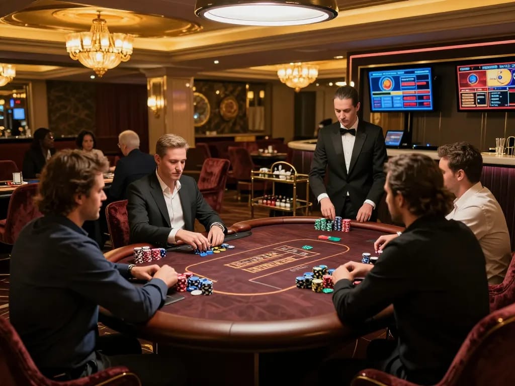 Cendana777 players engaging fiercely at a high-stakes poker table in a luxurious casino VIP area.