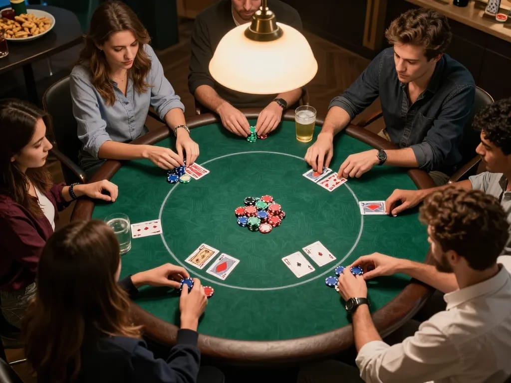 Engaged players strategizing during a poker night, showcasing the Lista dei Siti non AAMS for a vibrant social gaming experience.