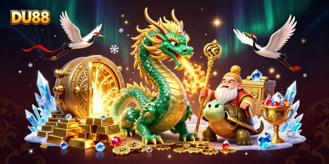 Experience the magic of DU88 with a jade dragon and treasures in a vibrant casino scene.