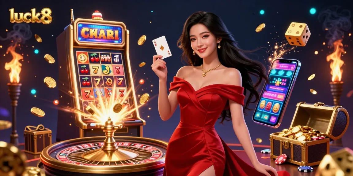 Spin to win with luck 8 at a vibrant casino scene featuring players, roulette, and jackpot elements.