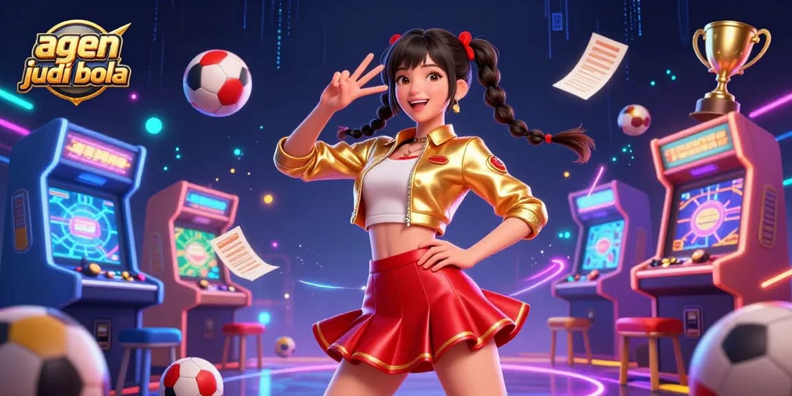 Experience agen judi bola with an energetic scene of betting excitement, featuring colorful sports elements and a vibrant character.