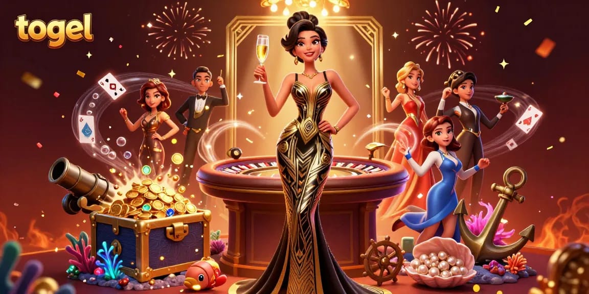 Engage in togel excitement with a glamorous Asian character amidst vibrant casino elements, celebrating winnings.