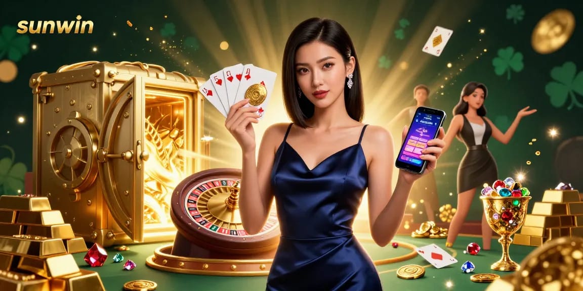 Engage with stunning sunwin casino excitement featuring a confident woman showcasing cards and chips.