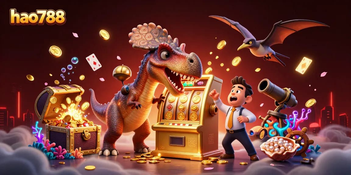 HAO788 menghadirkan momen mendebarkan dengan karakter dino yang bermain di mesin slot berkilau.