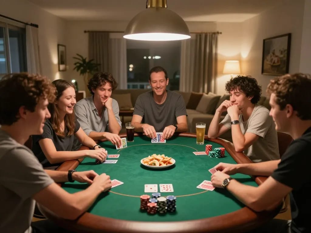 Friends enjoying a lively poker game at home, highlighting the competitive and social aspects of gambling with 11-hd.