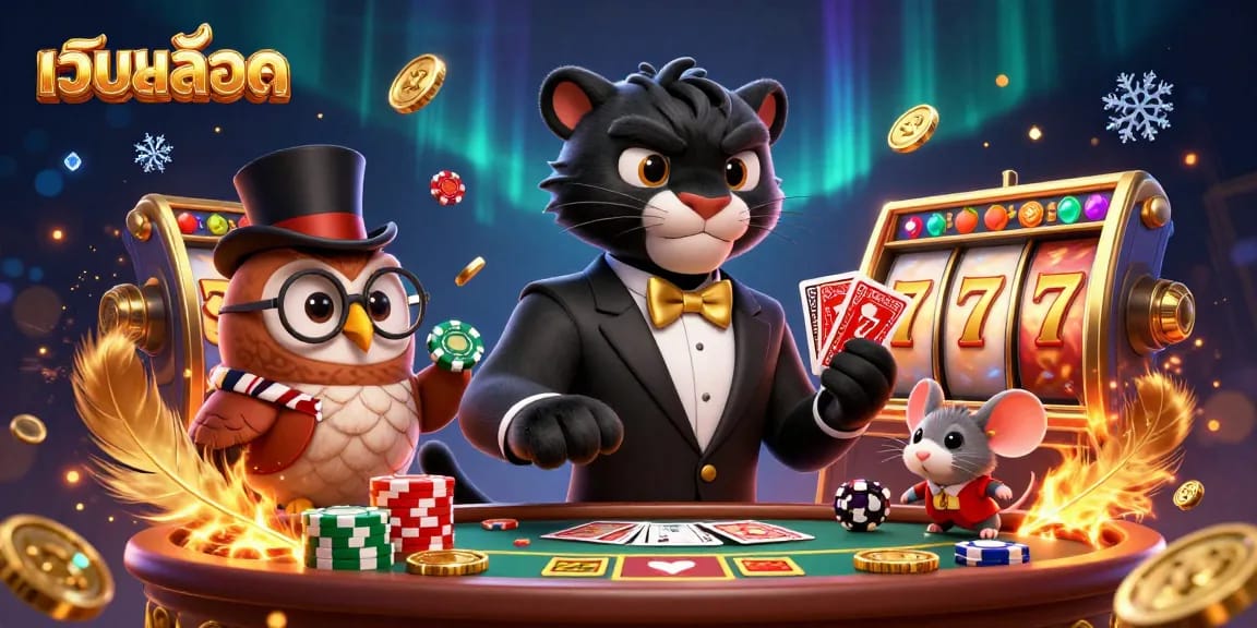 Engaging เว็บสล็อต scene with a panther, owl, and mouse playing casino games amid dynamic elements.