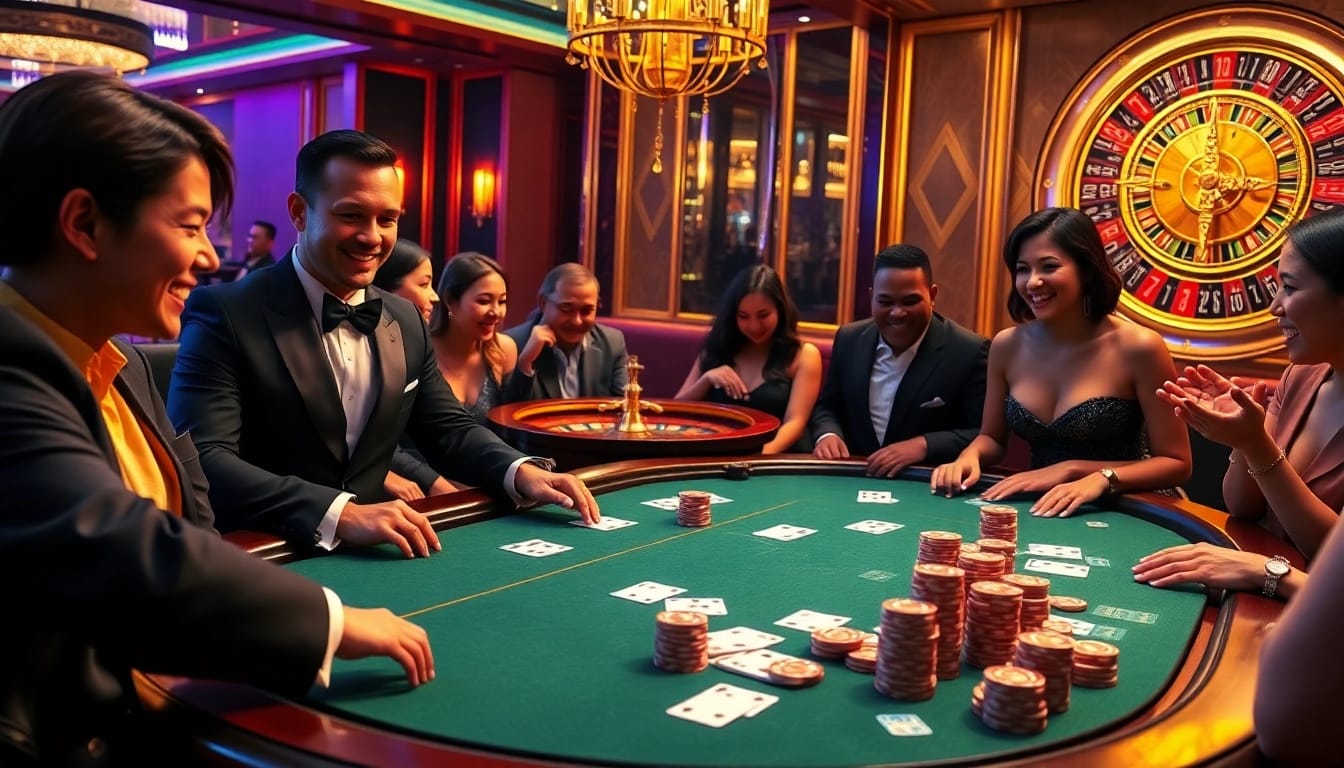 Experience thrilling gameplay at Typhu88's vibrant casino, complete with poker chips and a roulette wheel.