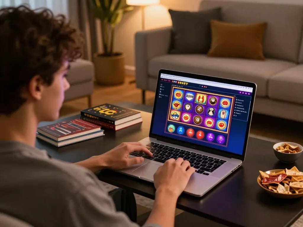 Engaging in online gaming with F8bet on a stylish laptop, showing vibrant slot game interface.