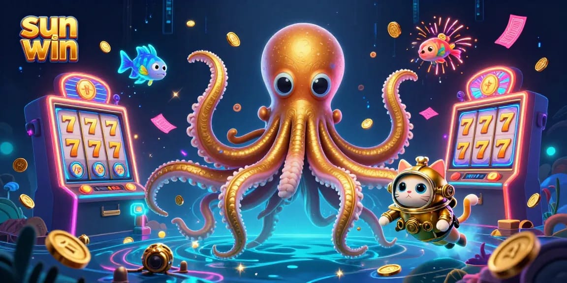 Spin slots and win big at sun win with this captivating illustration of a kraken and diving cat.
