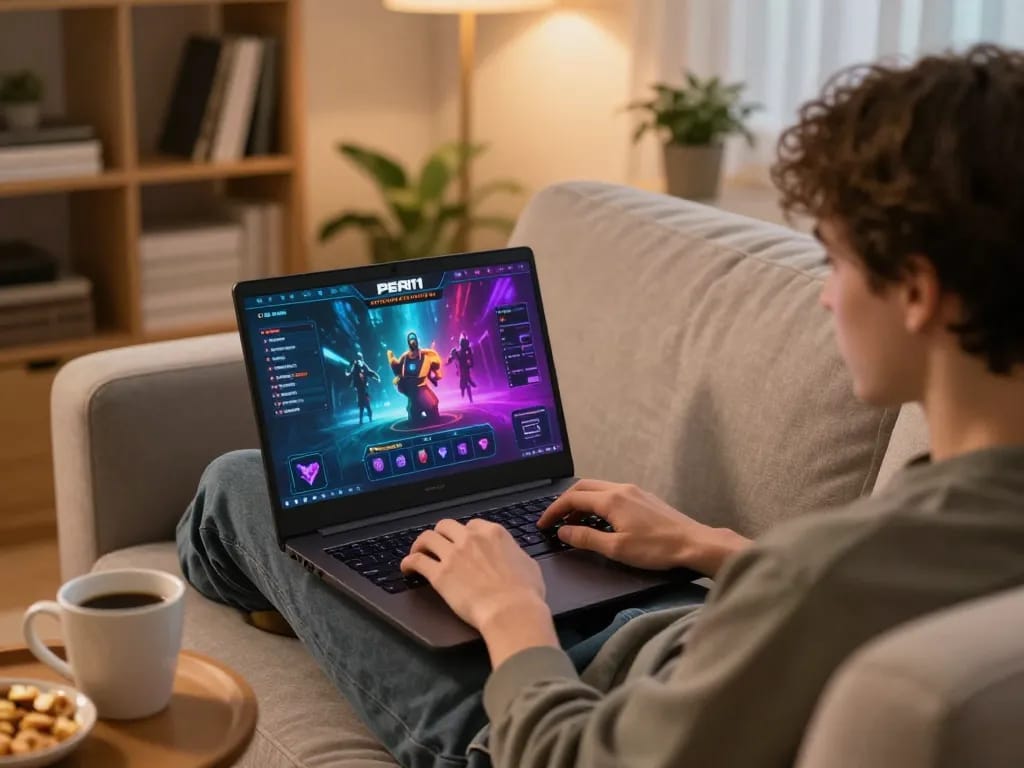 Player enjoying PERI11 online gaming on a laptop in a cozy living room setup with snacks and books.