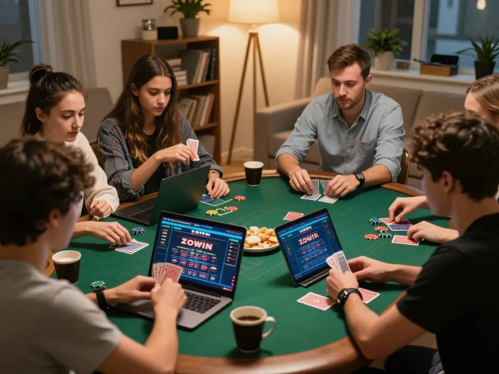 Players enjoying an engaging online game of poker on ZOWIN, capturing a social and strategic moment at home