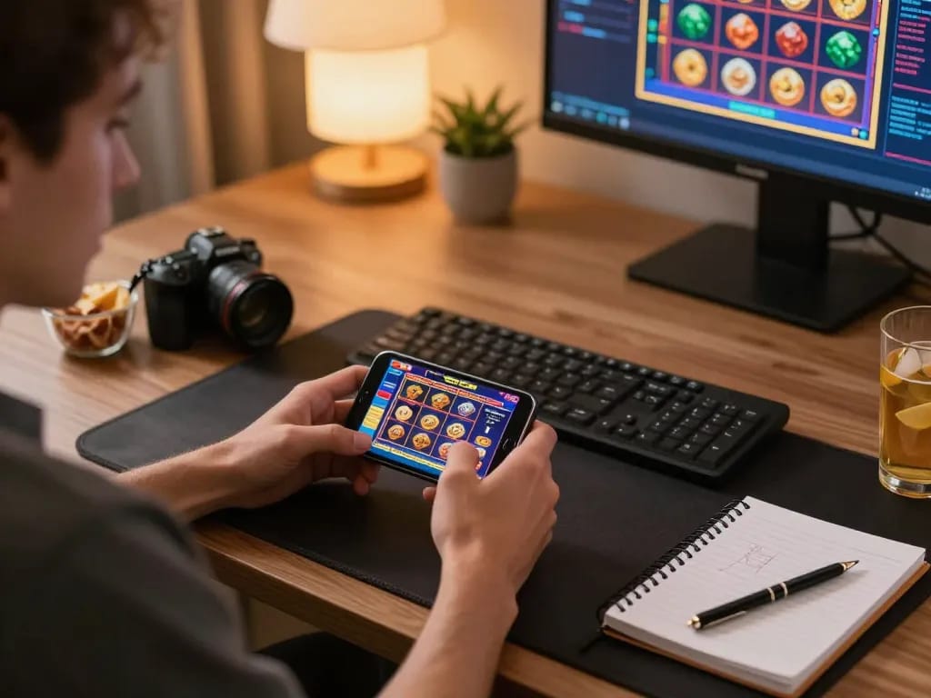 Player engaging in exciting mobile slots gameplay during World Harp Day celebration.