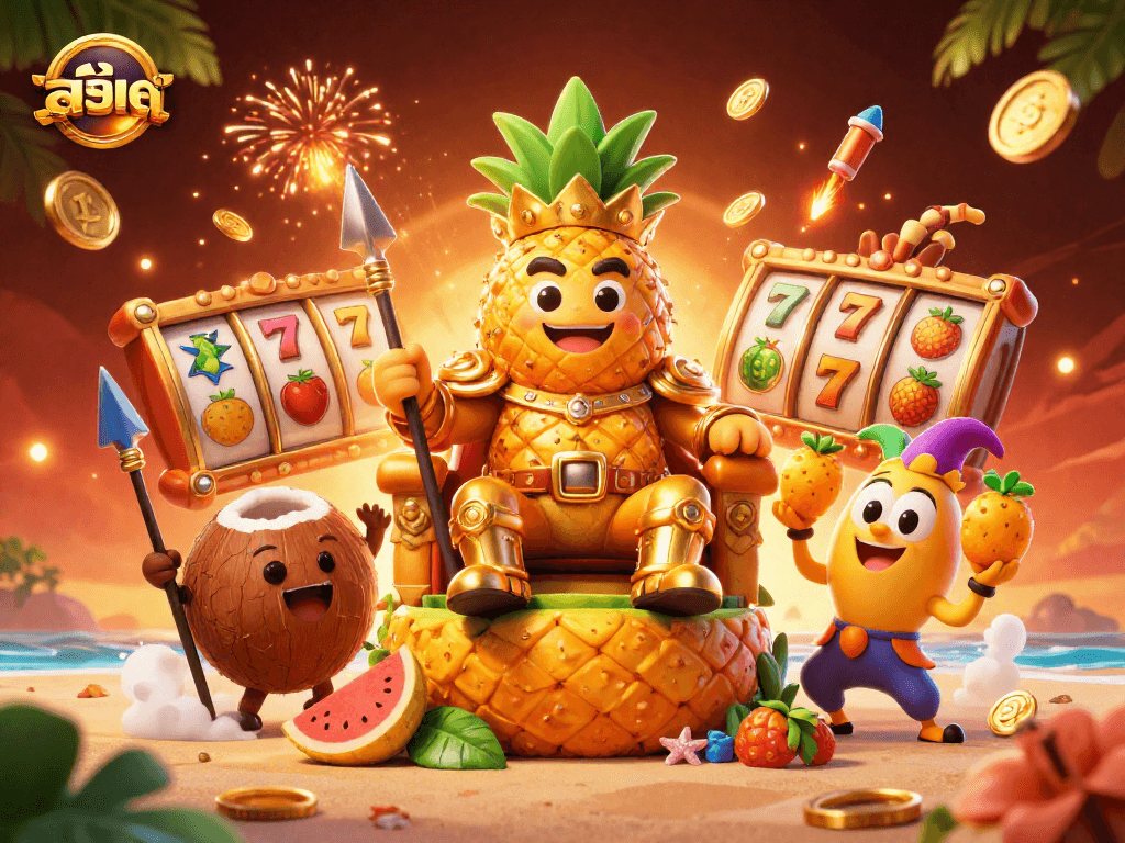 Spin the reels with สล็อต as the golden pineapple king and his royal entourage offer a vibrant casino celebration.