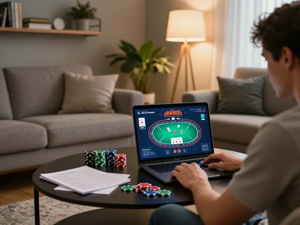 Bong99 player engaging in online poker from home setup with chips and strategy notes.