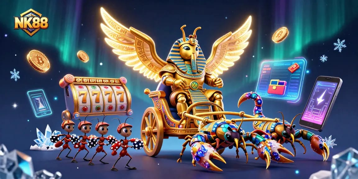 Win big at NK88 with a vibrant illustration featuring a golden scarab, jackpots, and crypto elements.
