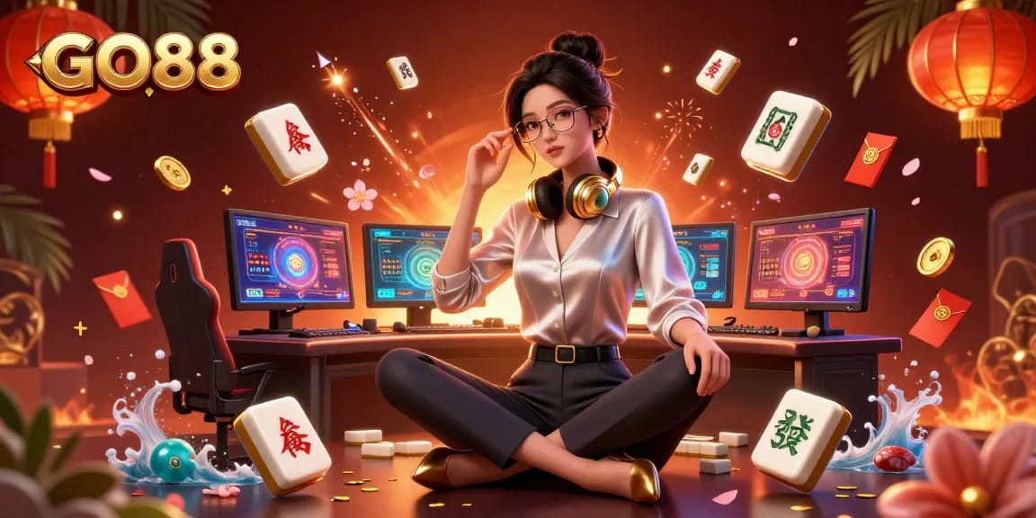 Experience GO88 with a dynamic Asian woman at a high-tech gaming setup surrounded by vibrant casino elements.