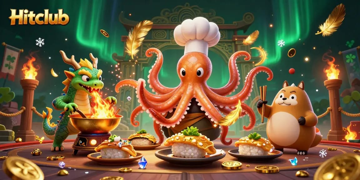 Engage with Hitclub's thrilling gaming experience through a vibrant illustration of a sushi chef octopus, a dragon, and a tanuki.