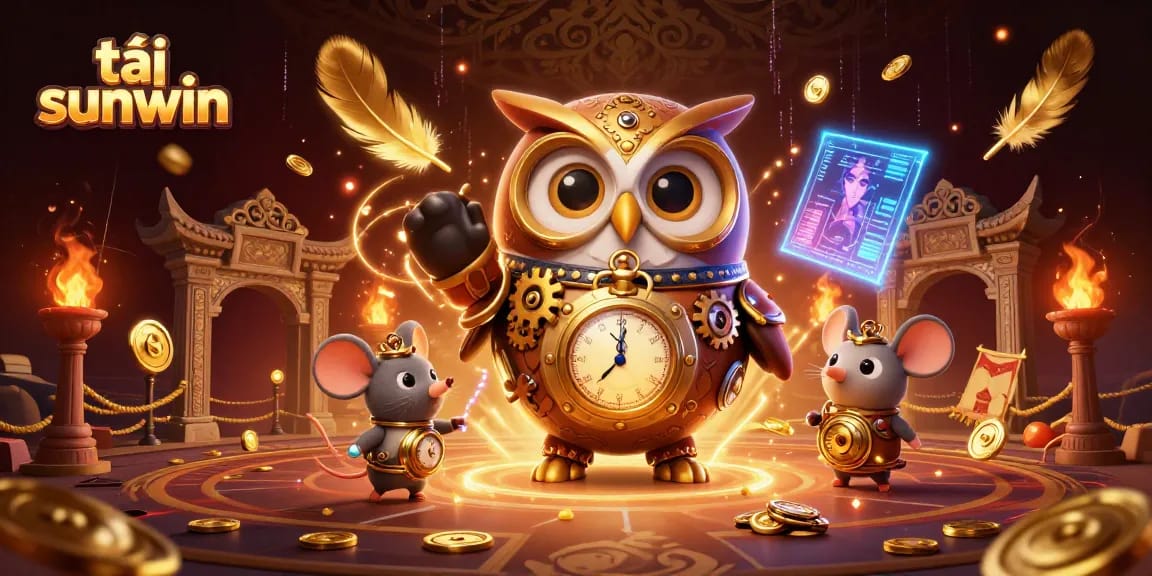 Tải sunwin at an immersive casino event featuring a time-traveling owl amid gold coins and vibrant elements.