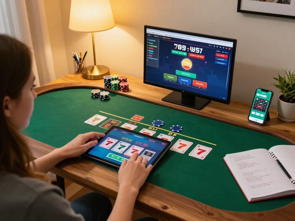 Engaging moment of playing 789 live dealer blackjack on a tablet in a cozy home