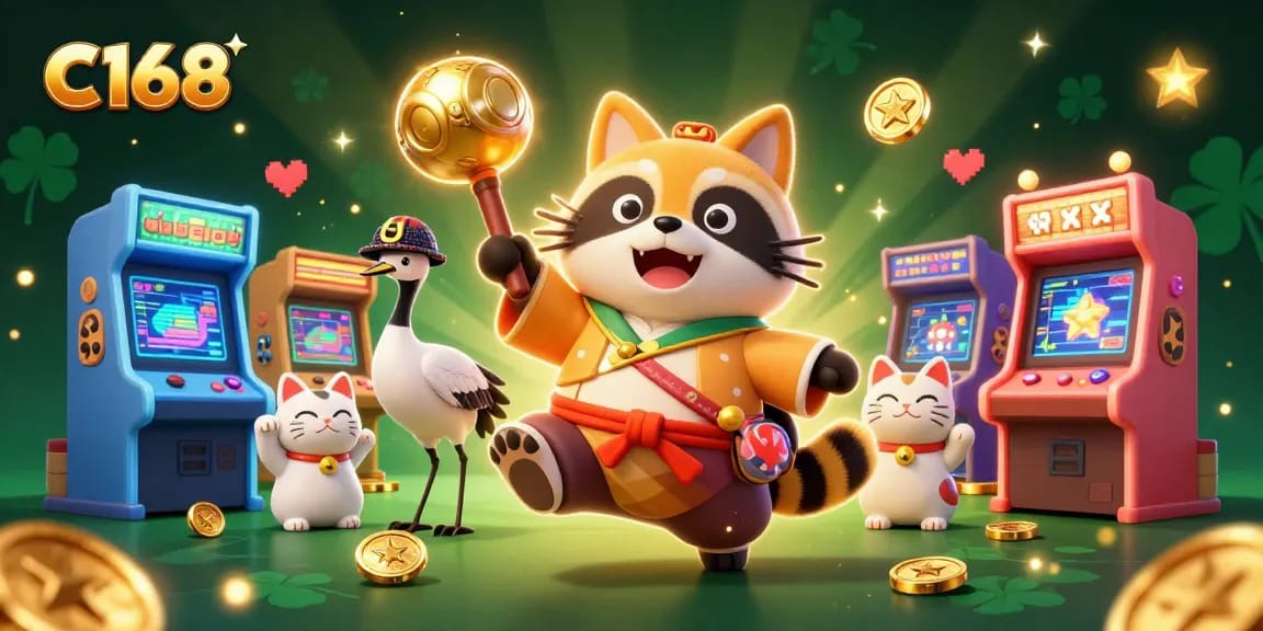 Experience the vibrant C168 gaming scene with tanuki, crane, and maneki-neko amidst colorful casino elements.