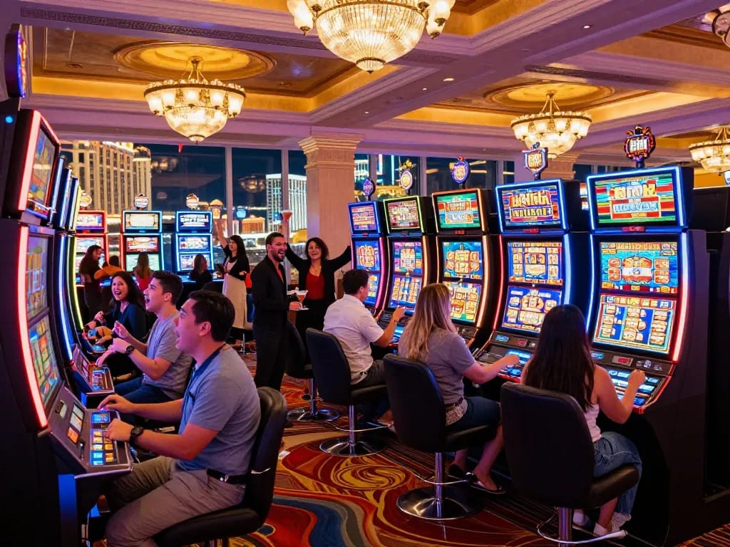 Pemain merayakan kemenangan besar di mesin link slot yang berwarna-warni di kasino Las Vegas.