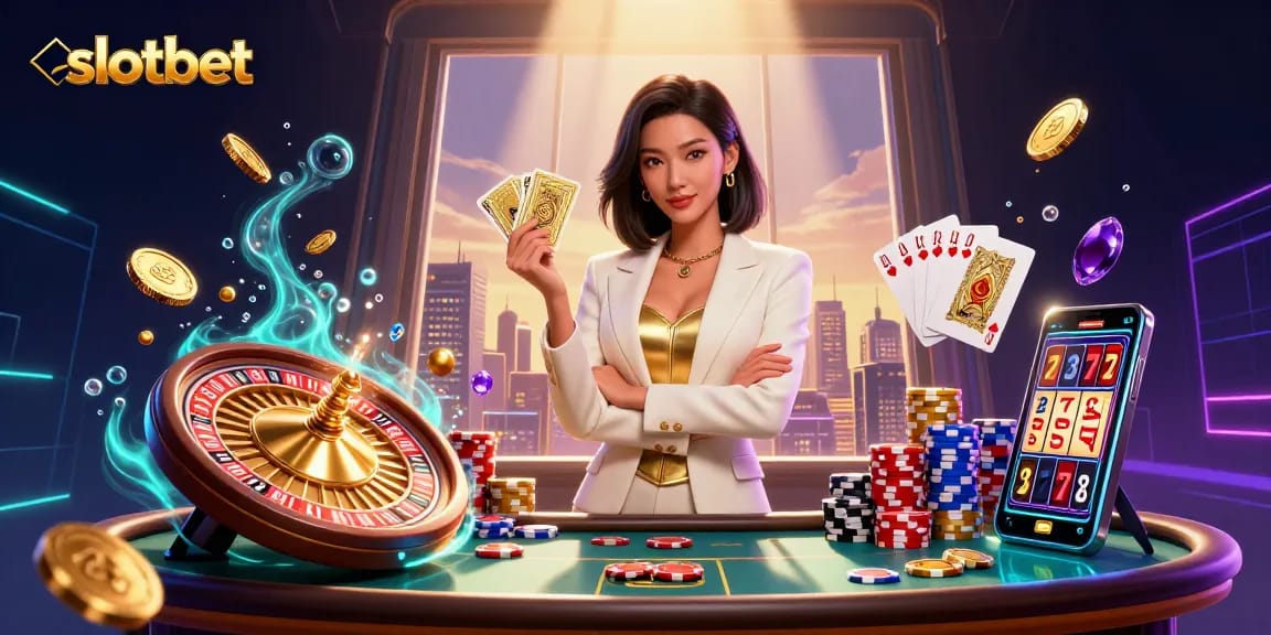 Engage with the thrilling world of slotbet featuring a confident woman, casino elements, and vibrant visuals.