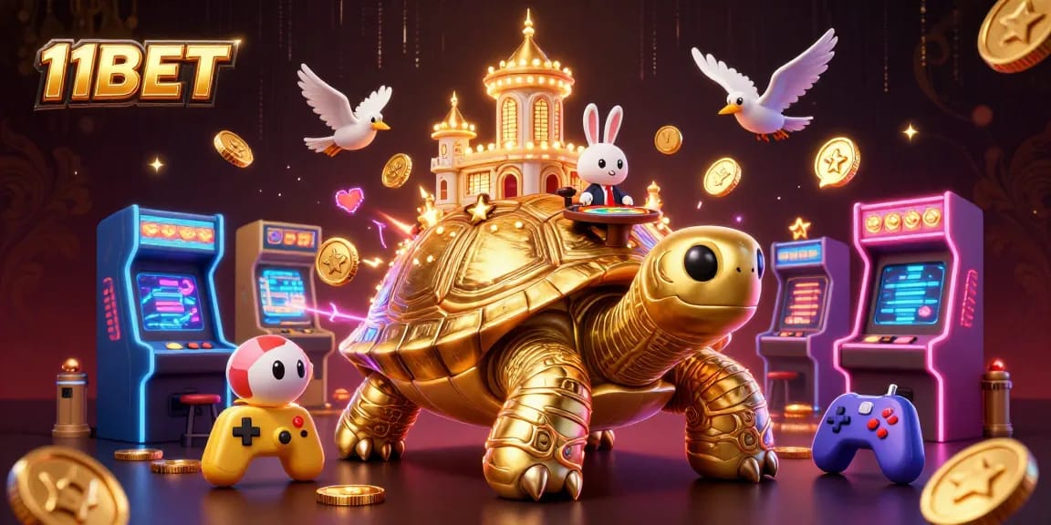 Elevate your gaming experience with 11BET's vibrant casino world featuring a massive tortoise and a dealer.