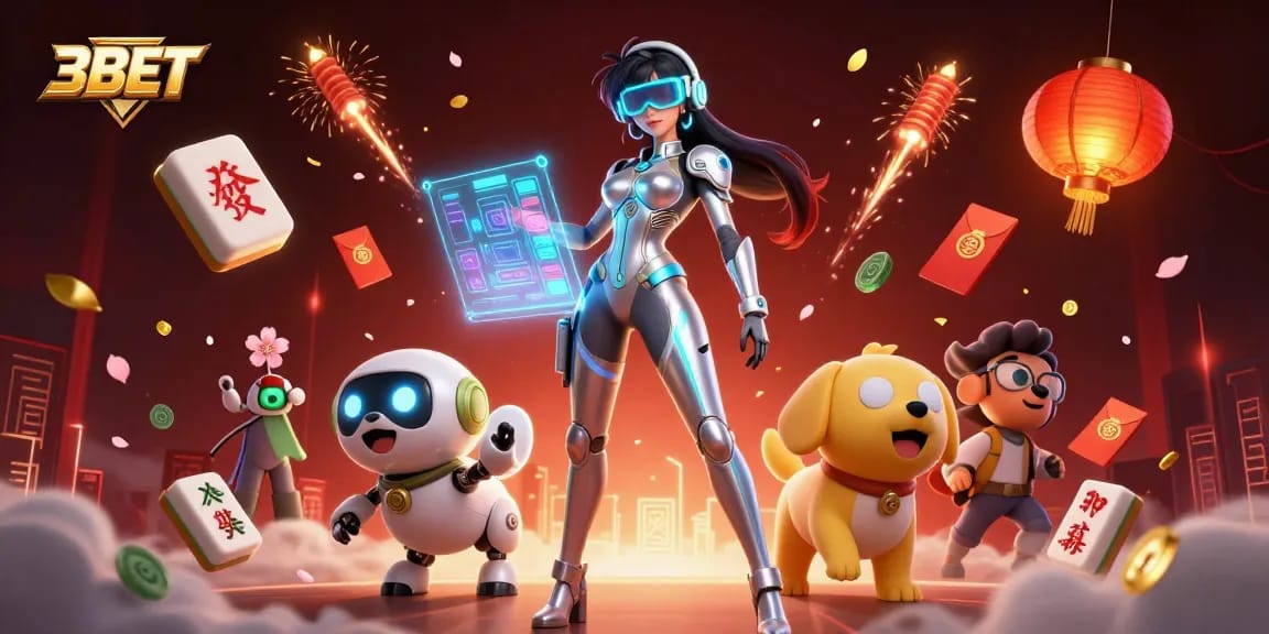 3BET casino illustration with a futuristic woman and a robot dog amidst vibrant elements.