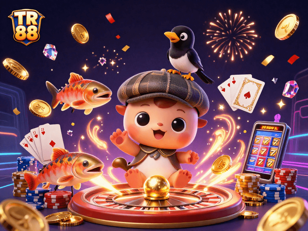 Experience thrilling gameplay at TR 88 with captivating scenes of winning jackpots and charming characters.