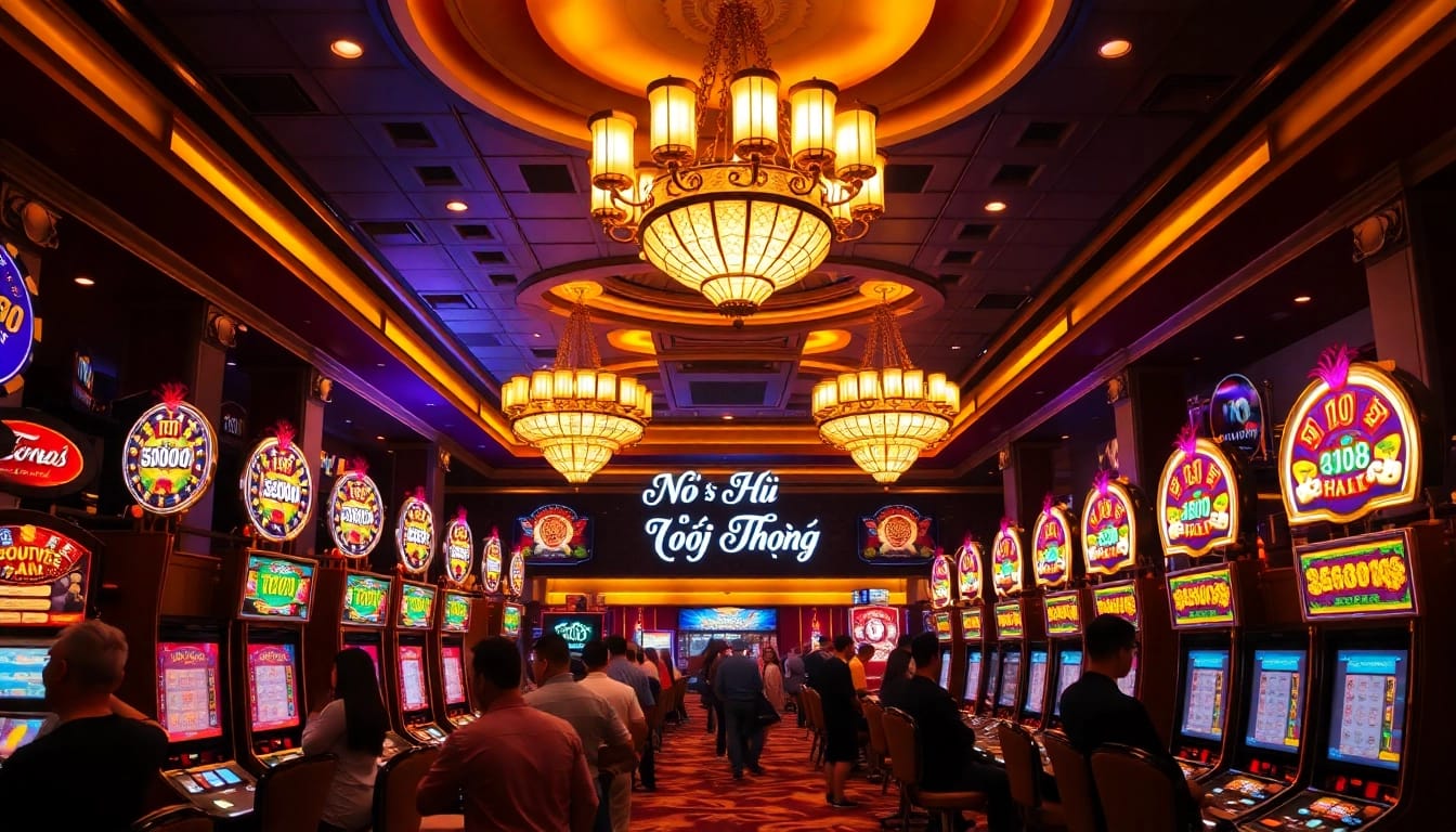 Nổ Hũ Đổi Thưởng with vibrant slot machines and players enjoying the casino atmosphere.