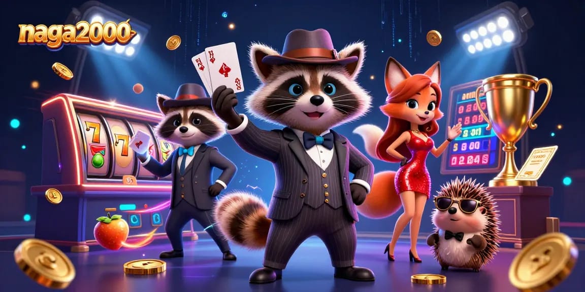 Permainan slot menarik di NAGA2000, dikelilingi karakter kartun berbasis kasino yang fantastis.