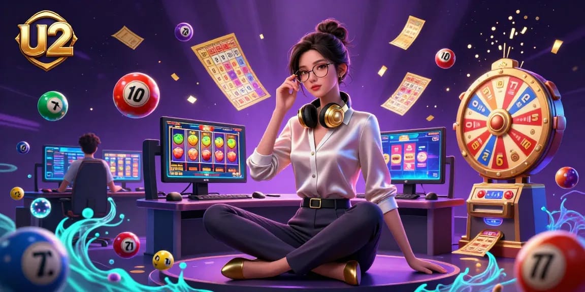 Experience thrilling slot games at u2's dynamic gaming setup with vibrant lottery balls and golden bingo cards.