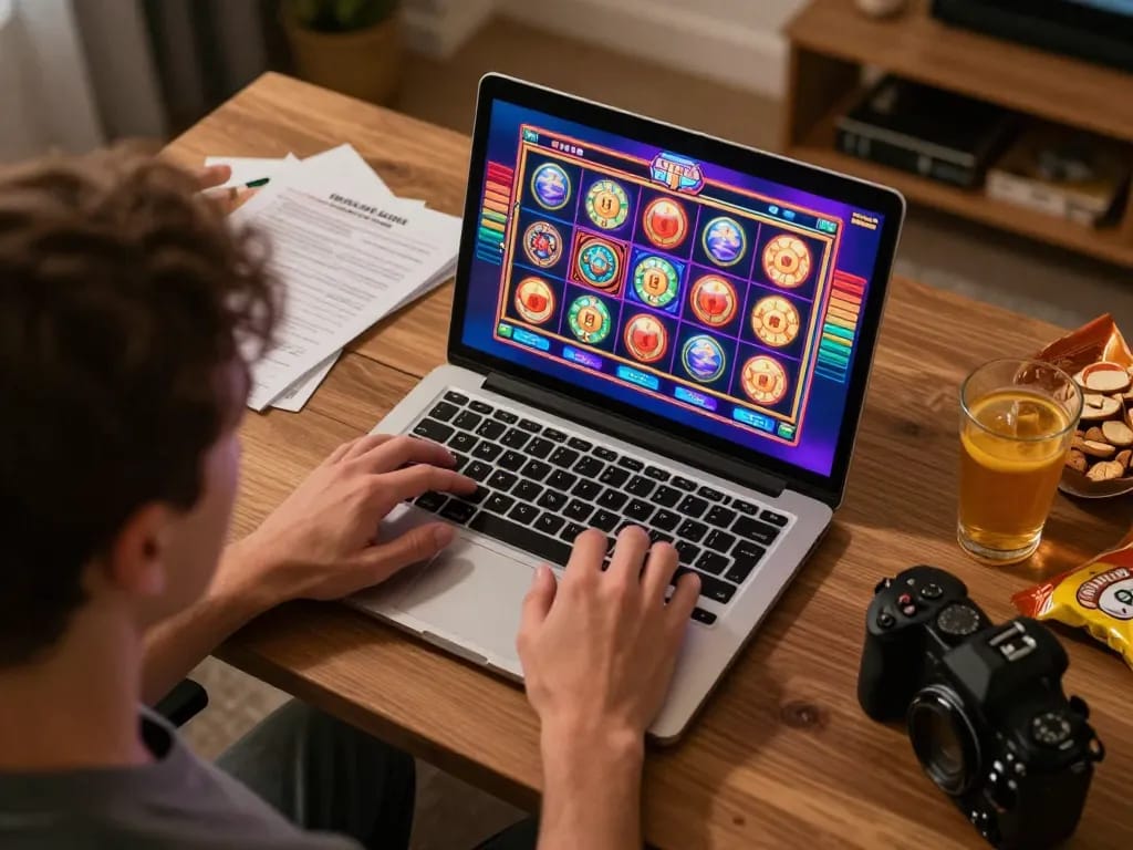 Engaging online gaming at https://shbetac.co showcasing vibrant slot games on a laptop screen.