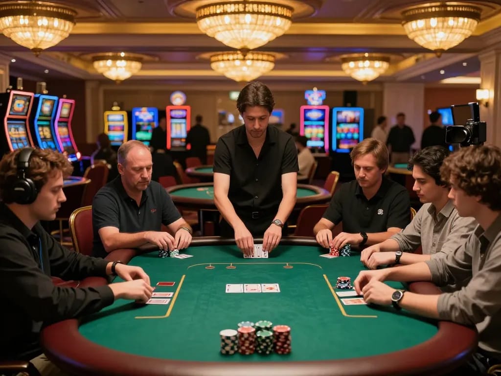 C168 poker game in progress with engaged players and warm casino ambiance.