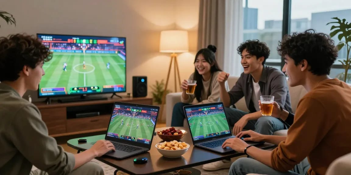Friends engaging in sports betting together at home with OPEN88 platform on screen, creating a lively atmosphere.
